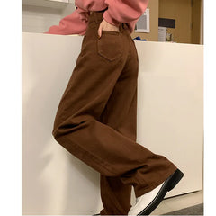 Jean marron style streetwear vintage, taille haute ample, mode Harajuku