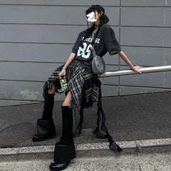 Jupe courte trapèze asymétrique taille haute à carreaux vintage avec ruban