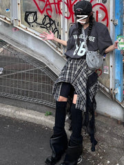 Jupe courte trapèze asymétrique taille haute à carreaux vintage avec ruban