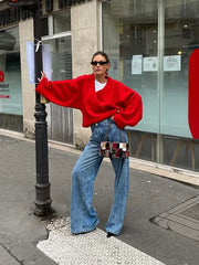 Vintage Loose Casual V Neck Long Sleeve Pullover Christmas Sweater Sweaters-L