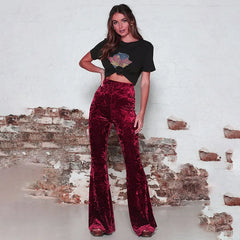 Pantalon évasé long en velours vintage coréen sexy taille haute rouge et noir
