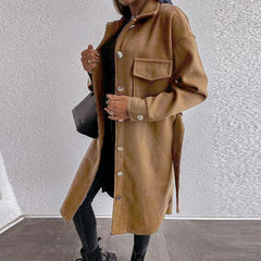 Manteaux d'hiver/automne en laine mélangée, style décontracté, manches longues, poches, couleur unie, ceinture