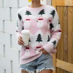 Ugly Christmas Snowman Cartoon Knit Long Sleeve Female Tree Sweater Sweaters-L