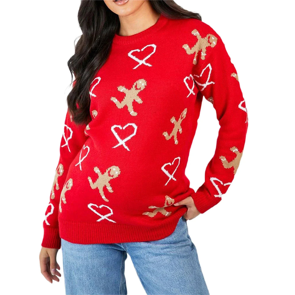 Christmas Gingerbread Print Long Sleeve Round Neck Casual Loose Sweater Red / S Sweaters-L