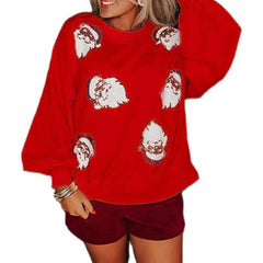 Round Neck Sequin Santa Pattern Loose Lantern Sleeves Christmas Hoodie Red / S Hoodies-L