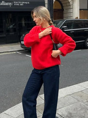 Loose Round Neck Retro Long Sleeve Knitted Pullover Christmas Sweater Sweaters-L