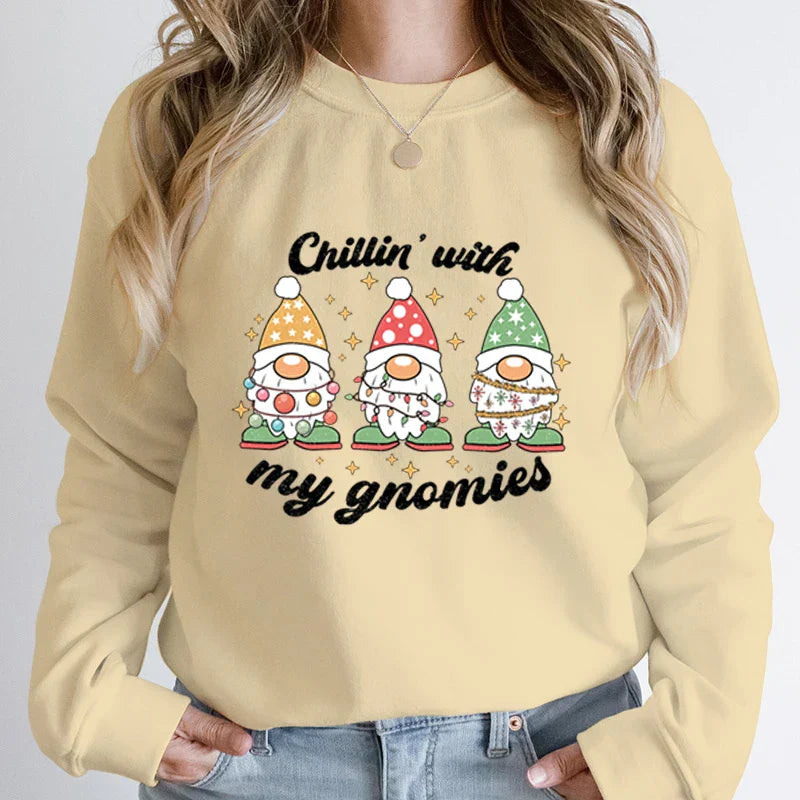 Hoodless Light Chillin’ Gnomies Round Neck Pullover Christmas Hoodie Khaki / S Hoodies-L