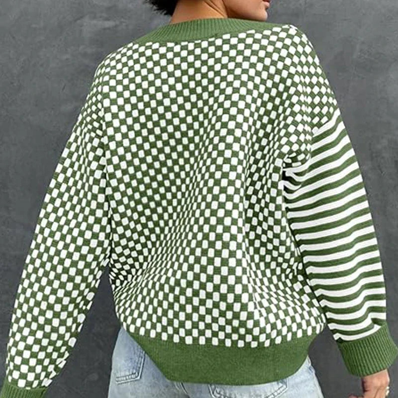Loose Striped Plaid Casual Long Sleeve Cute Retro Chic Green Christmas Sweater Sweaters-L