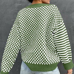 Loose Striped Plaid Casual Long Sleeve Cute Retro Chic Green Christmas Sweater Sweaters-L