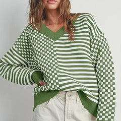 Loose Striped Plaid Casual Long Sleeve Cute Retro Chic Green Christmas Sweater Sweaters-L