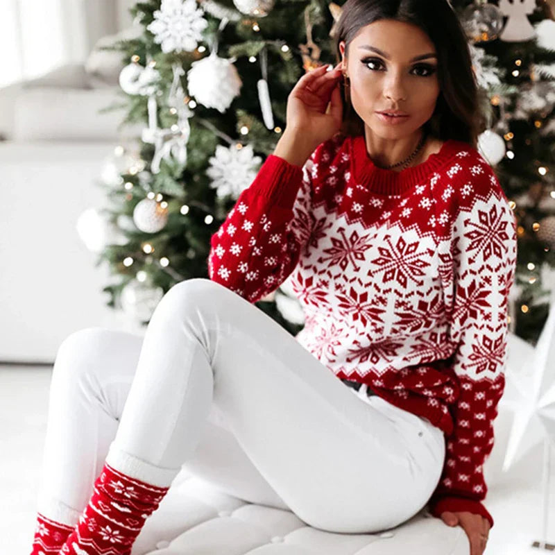 Christmas Snowflake Printed Long Sleeve O Neck Ladies Jumper Sweater Red Neck / S Sweaters-L