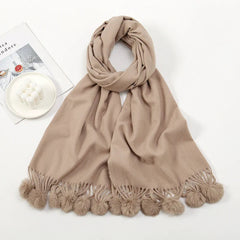 Rabbit Fur Ball Cashmere Pompom Oversize Blanket Scarf For Women Khaki Scarfs-L