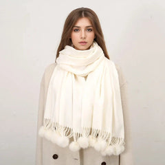 Rabbit Fur Ball Cashmere Pompom Oversize Blanket Scarf For Women Scarfs-L