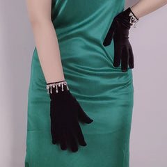 Golden Velvet Tassel Rhinestone Full Finger Christmas Glove For Makeup Party Opera Dance Gloves-L