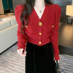 V-Neck Long Sleeved Cardigan Jacket Warm Black Red Christmas Sweater Sweaters-L