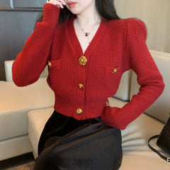 V-Neck Long Sleeved Cardigan Jacket Warm Black Red Christmas Sweater Sweaters-L