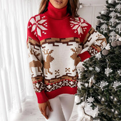 Striped Oversized Elk Long Neck Christmas Pullover Sweater Red / S Sweaters-L