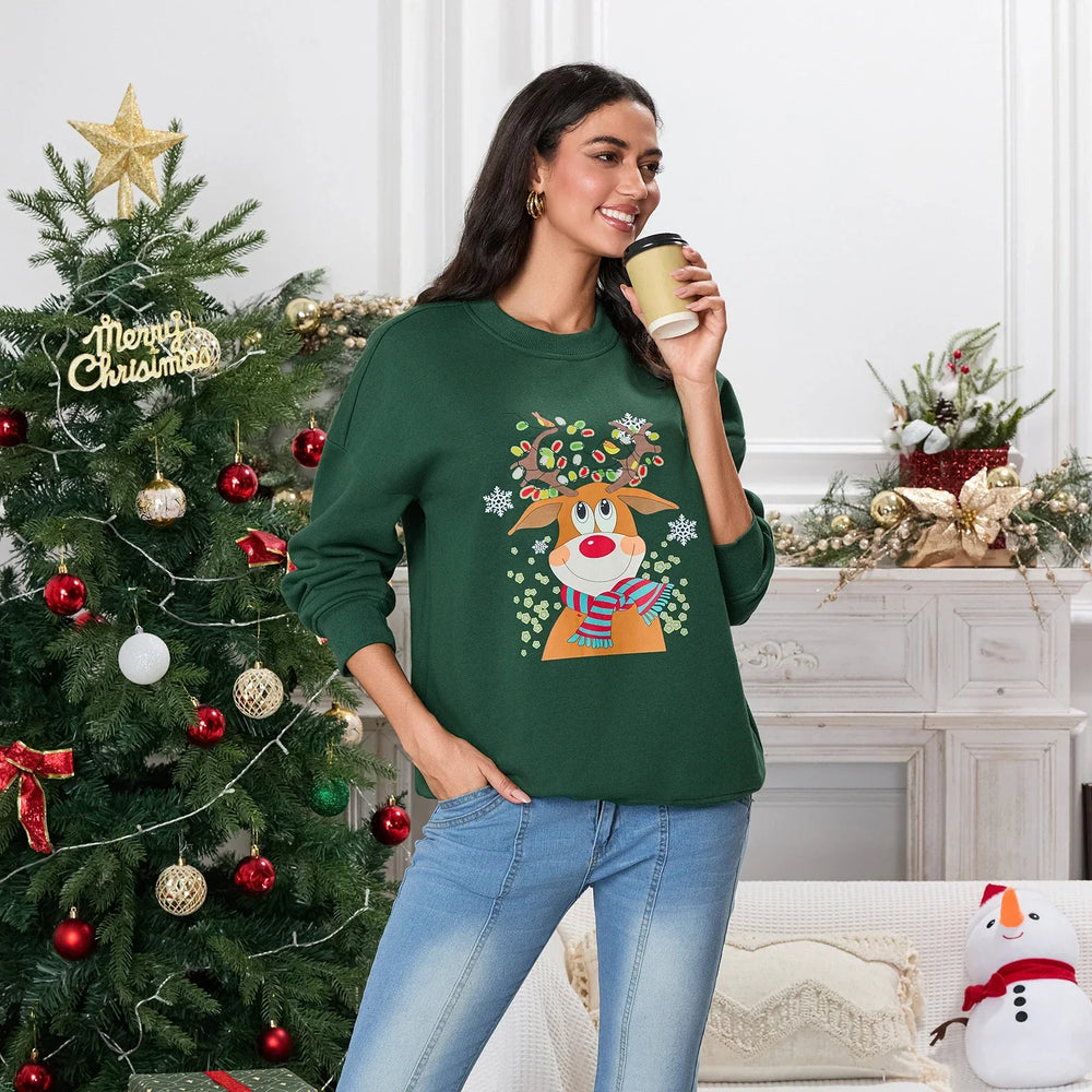 Christmas Deer Print Crew Neck Fall Winter Long Sleeve Casual Hoodie Green / S Hoodies-L