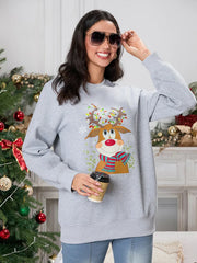 Christmas Deer Print Crew Neck Fall Winter Long Sleeve Casual Hoodie Hoodies-L