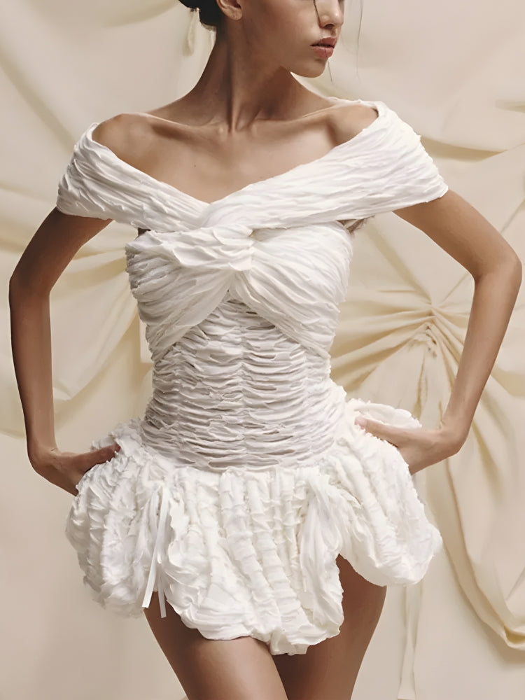 Wrinkled Off Shoulder Mini Dress