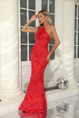 Sexy Halter 3D Flower Embroidery Open Back Bodycon Party Dress