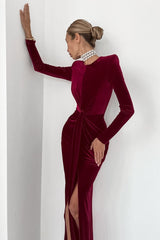 Sultry High Slit Angora Red Velvet Dress
