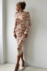 Asymmetrical Neck Ruched Midi Dress