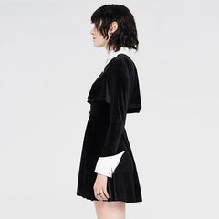 Robe noire gothique en velours à col blanc et col chauve-souris