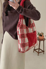 Sac cabas à carreaux rouges de Noël avec empiècements en fausse fourrure - Sac à bandoulière