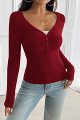 Button Detail Lace Trim V-Neck Long Sleeve Tee