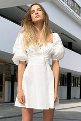 White Tie Waist Puff Sleeve Mini Dress