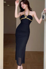 Robe midi moulante dos nu à diamants