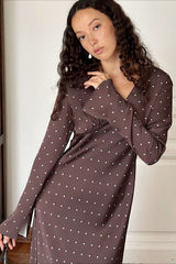 Satin Polka Dot V-Neck A-Line Midi Dress
