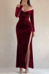 Sexy One Shoulder High Slit Elegant Velvet Dress