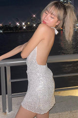 Sequin Halter Slit Party Dress