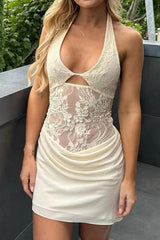Lace Patchwork Halter Mini Dress