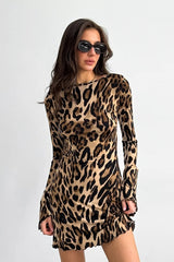 Leopard Knit Round Neck Mini Dress
