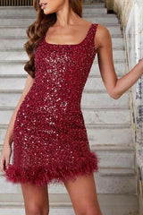 Elegant Feathered Slim Waisted Sleeveless Sequin Dress
