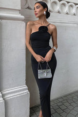 One-Shoulder Floral Ruched Midi Dress