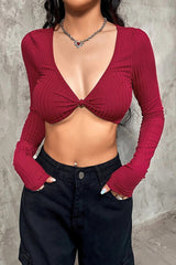 T-shirt bustier court sexy rayé à manches longues