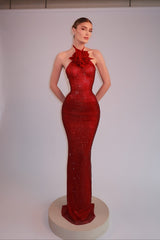 3D Flower Halter Fitted Waist Rhinestone Party Dress