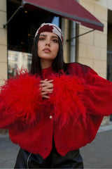 Furry Cuff Metal Button Christmas Cardigan