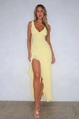 V-Neck Ruffled Slit Cami Midi Dress