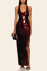 Elegant Sling Sleeveless U Neck Fitted Slit Sequin Dress
