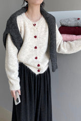 Oversized Heart Button Round Neck Christmas Cardigan
