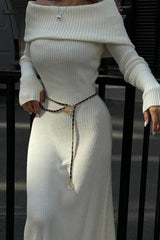 Long Sleeve Cotton Knit Bardot Collared Off Shoulder Sweater Dress