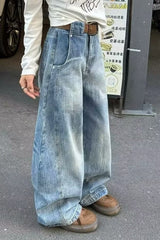 Curved Cut Wide Leg Distressed Jeans