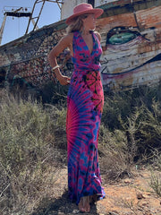 Tie-dye Print V-neck Cross Back Straps Stretch Maxi Dress