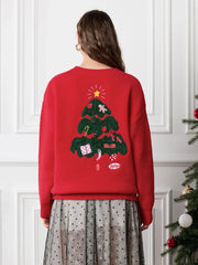Drop Shoulder Long Sleeve Round Neck Christmas Tree Warm Sweater Sweaters-L