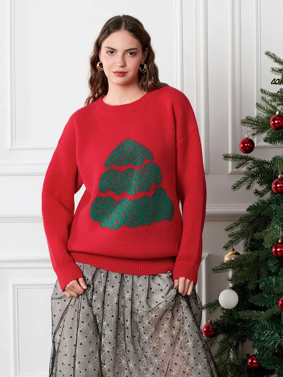 Drop Shoulder Long Sleeve Round Neck Christmas Tree Warm Sweater Red / S Sweaters-L